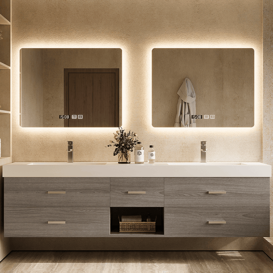 56"- 78"Floating Bathroom Vanity Includes Five Brown Wood Design Drawer