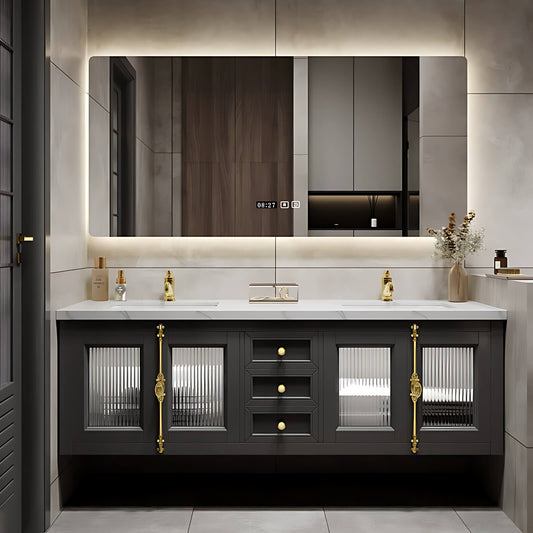 56"- 96"Elegant Double Sink Bathroom Vanity with Sense of Atmosphere Defogging Mirror