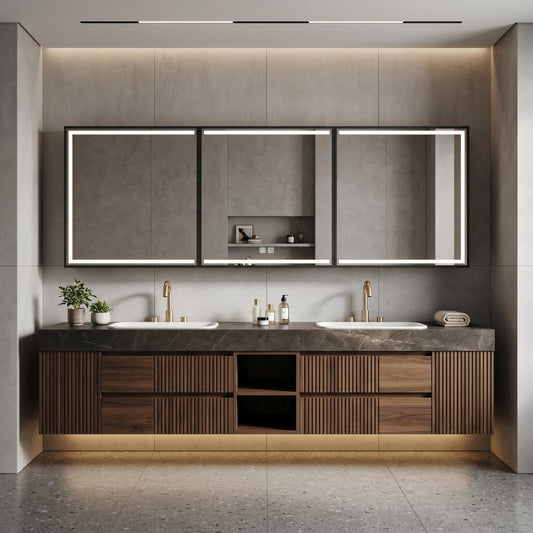 60''-96'' Double Bathroom Vanity with Sink Modern Floating Dark Stone Slatted Open Shelving