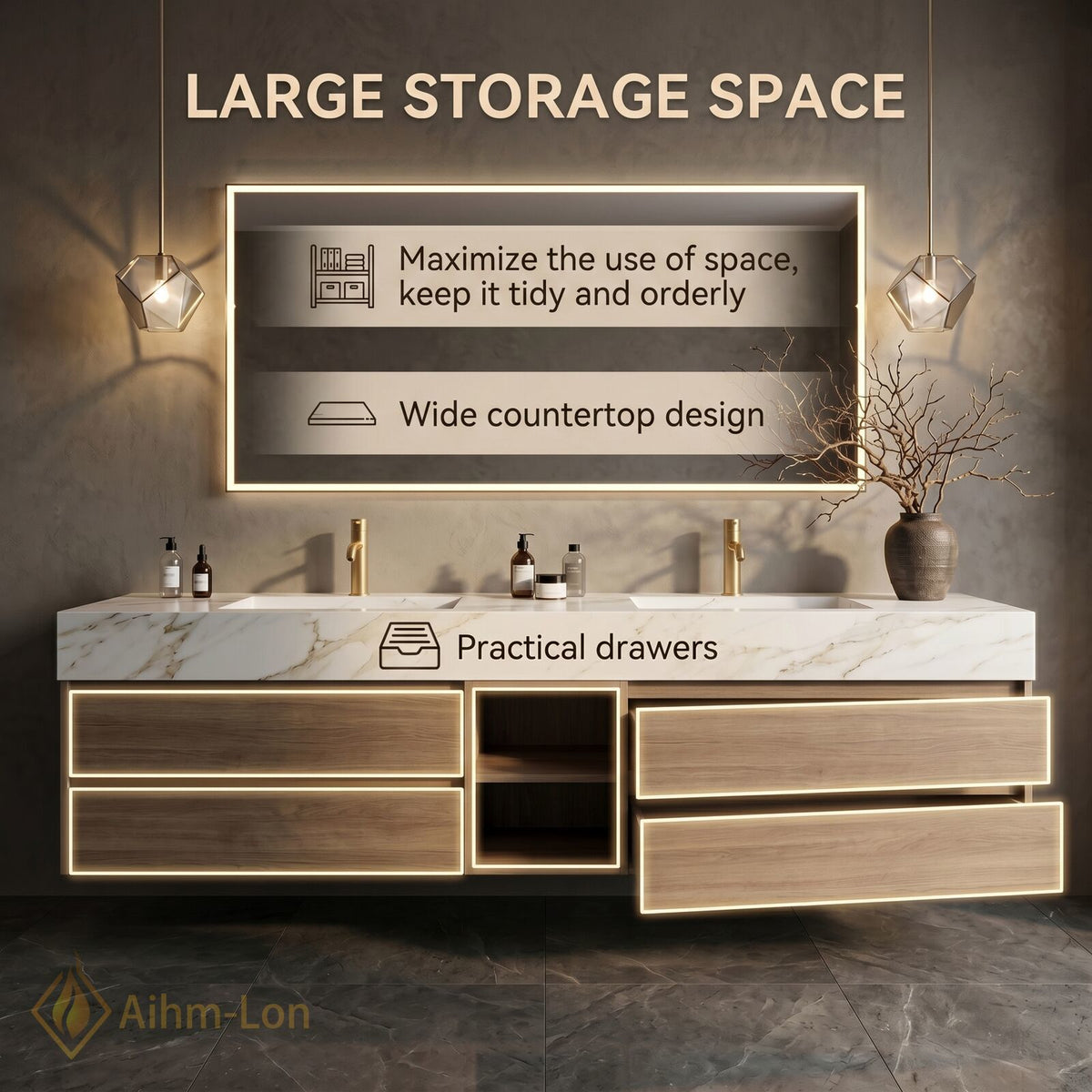 60''-96'' Double Bathroom Vanity with Sink Floating Storage Drawers Sets Large Marble