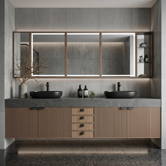 60''-96'' Double Bathroom Vanity with Sink Modern Floating Dark Stone Top Ribbed Doors