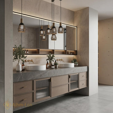 60''-96'' Double Bathroom Vanity with Sink Slatted Glass Door Grey Marble Finish