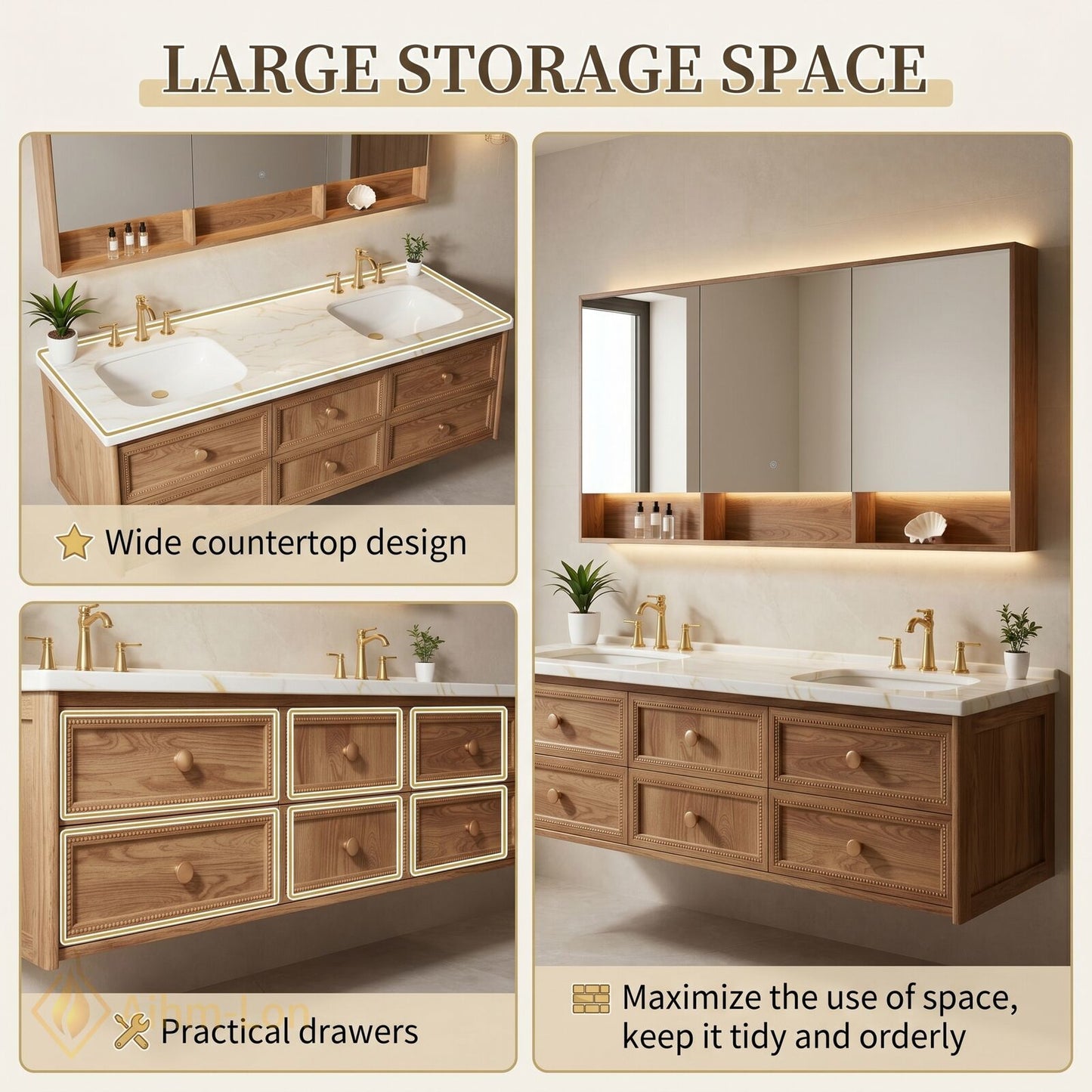 60''-96'' Double Bathroom Vanity with Sink White Marble Top Six Drawers Wall Mounted Mirror