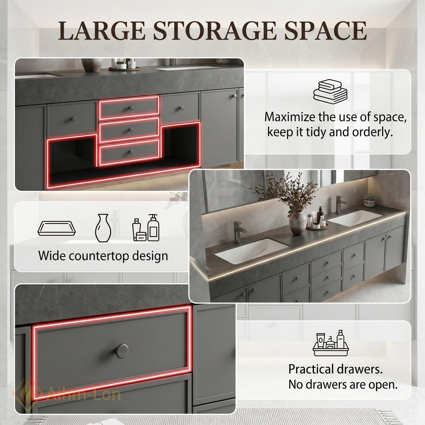 76''-96'' Double Bathroom Vanity with Sink Matte Grey Stone-Textured Countertop Modern Spaces