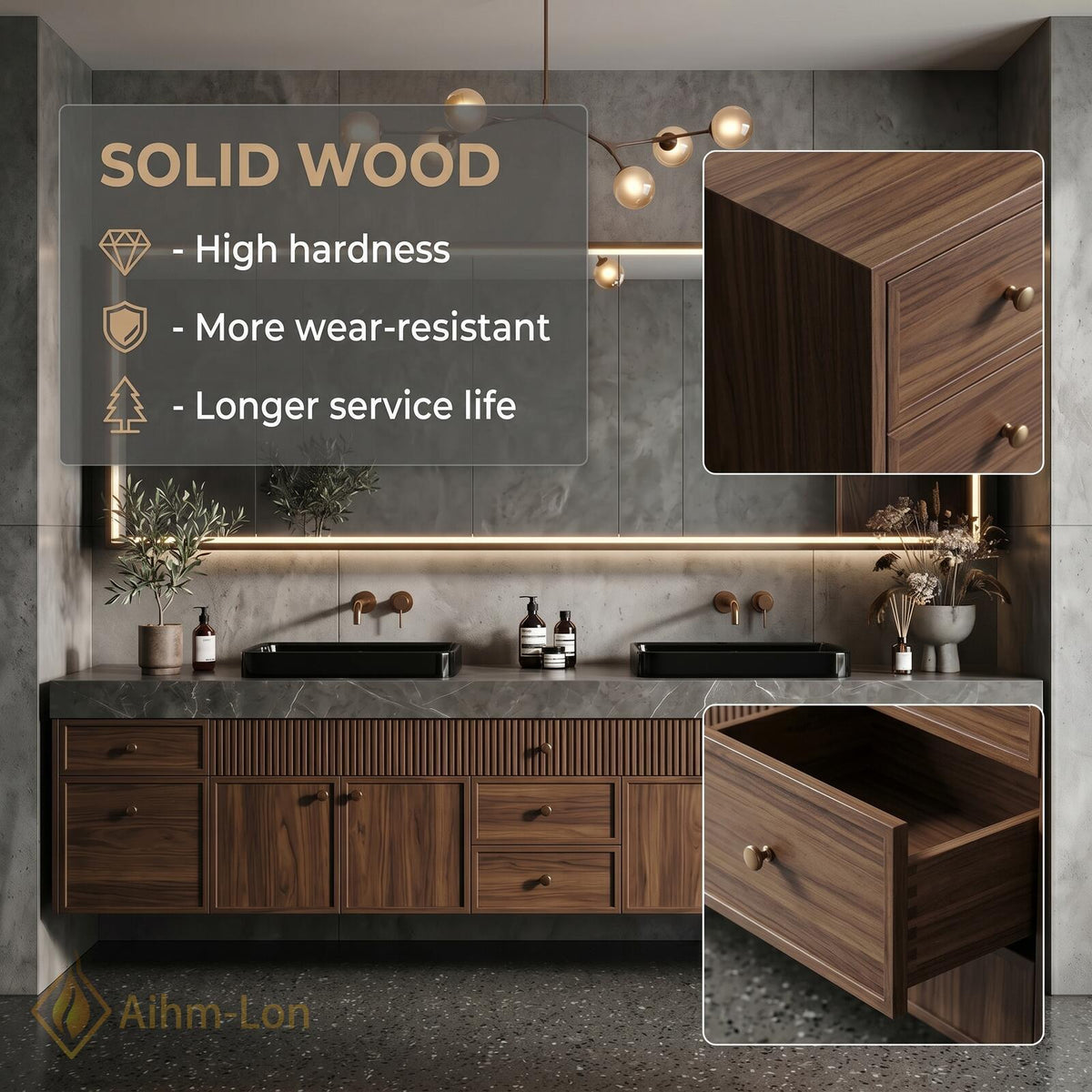 60''-96'' Double Bathroom Vanity with Sink Slatted Ribbed Front Warm Walnut Cabinet