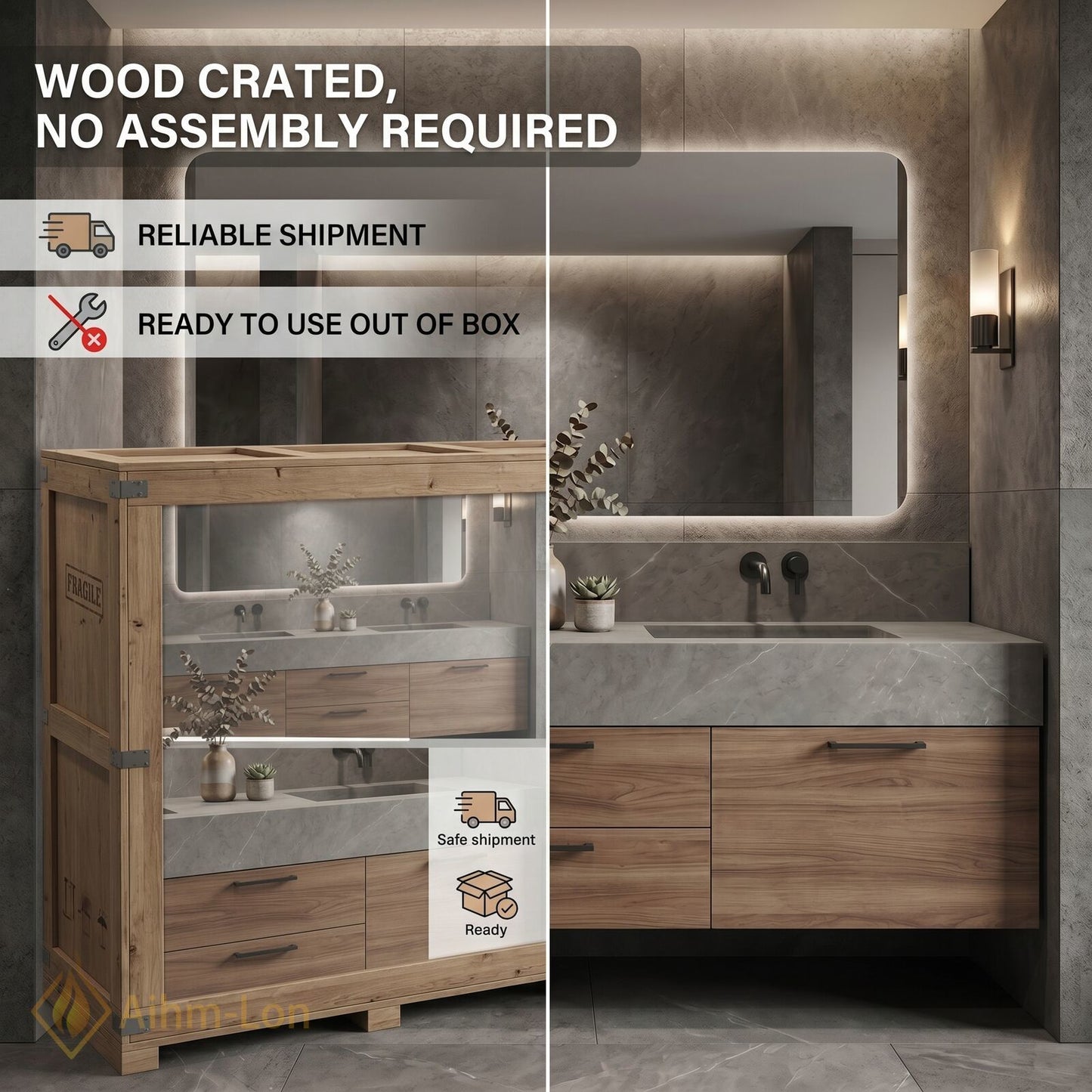 60''-96'' Double Bathroom Vanity with Sink Floating Storage Drawers Grey Marble Texture