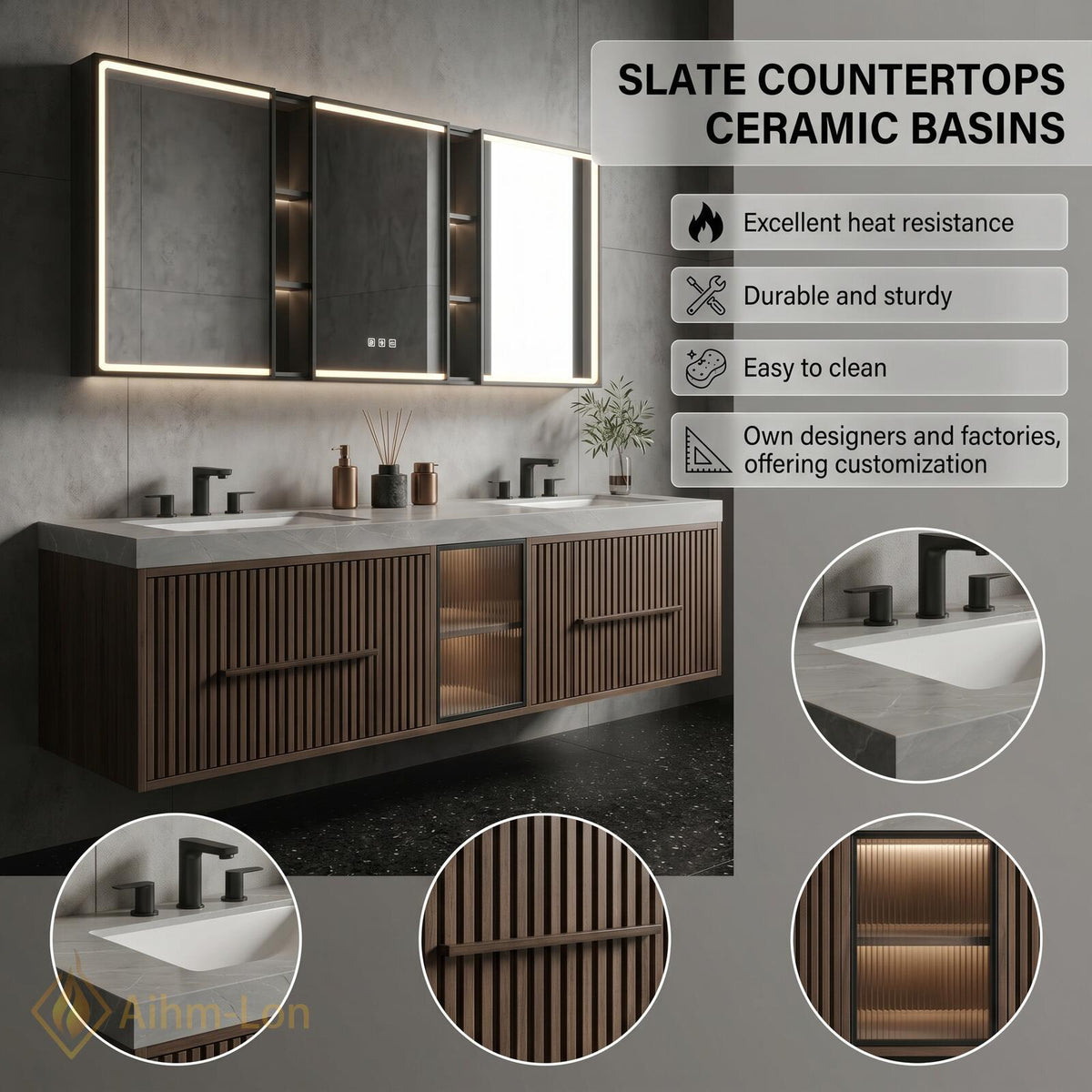 60''-96'' Double Bathroom Vanity with Sink Floating Vanity Open Shelving Fluted Glass