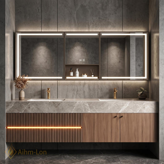 60''-96'' Double Bathroom Vanity with Sink Modern Slatted Front Panels Marble Patterned