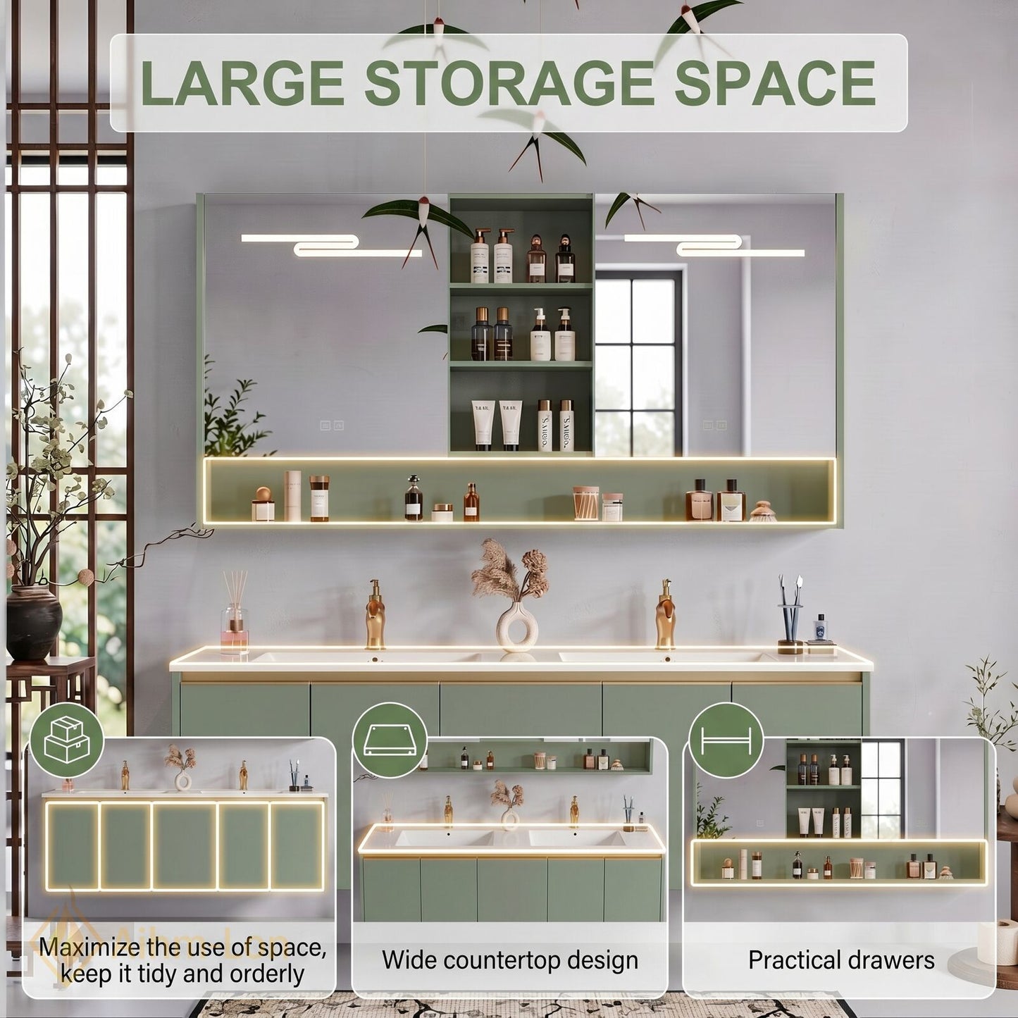 60''-96'' Floating Bathroom Vanity with Sink Dual Basin Matte Sage Mirror Cabinet