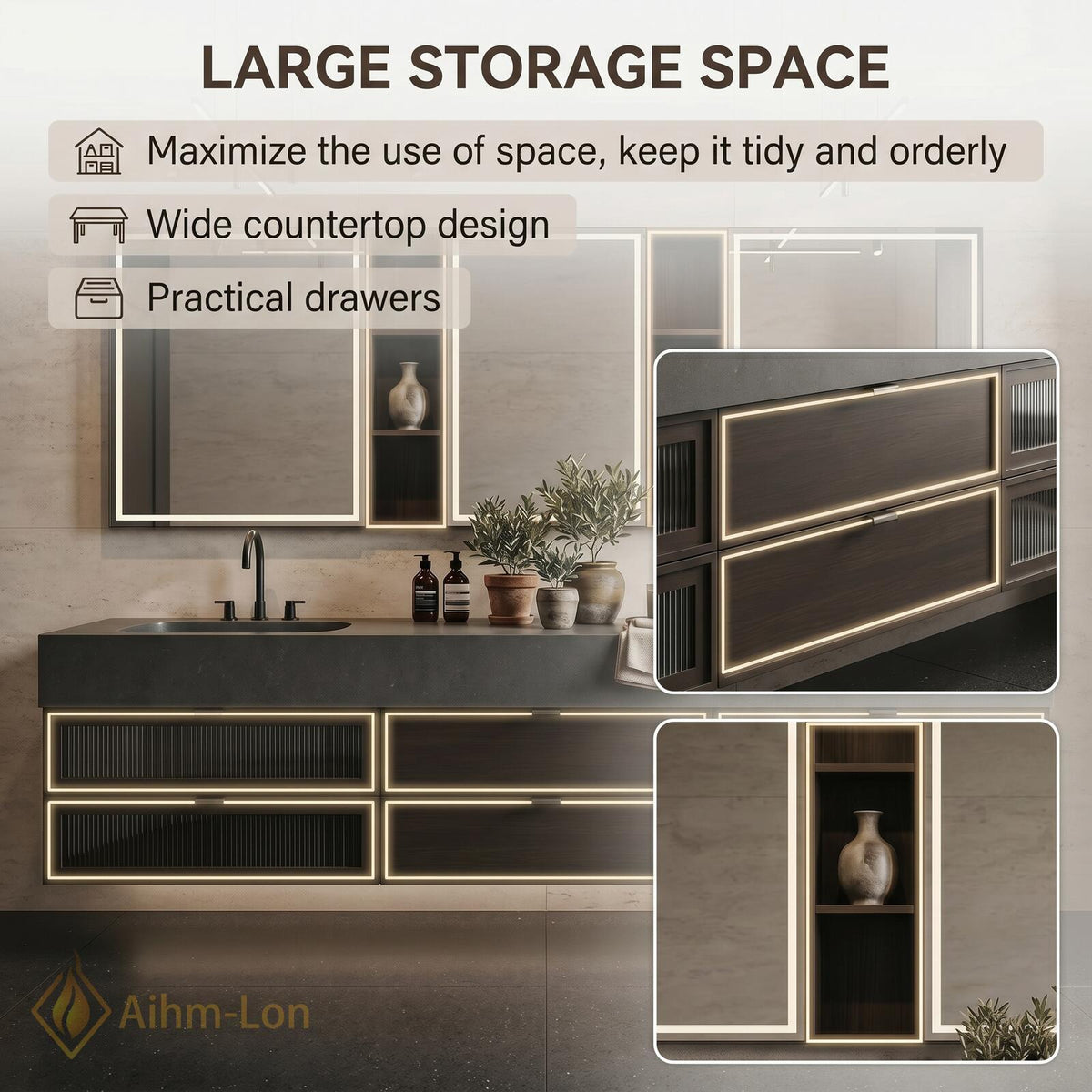 76''-96'' Double Bathroom Vanity with Sink Slatted Drawers Floating Double Open Shelving