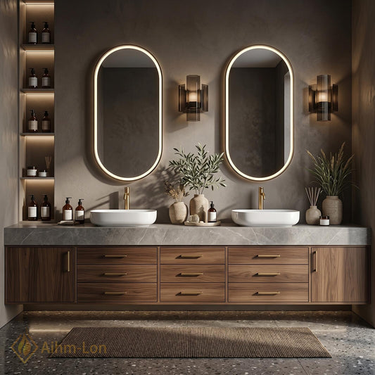 76''-96'' Double Bathroom Vanity with Sink Warm-Walnut Modern Floating Drawers Storage
