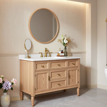 52''-64'' Classic Bathroom Vanity with Sink Oak Wood Turned Leg Open Drawers