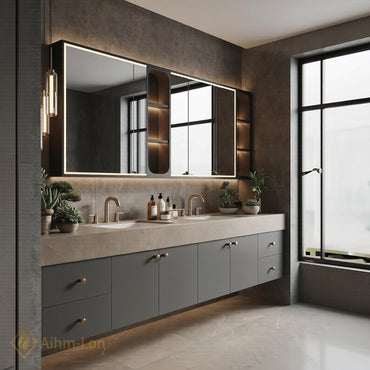 60''-96'' Double Bathroom Vanity with Sink Stone Textured Top Slatted Panel Drawers