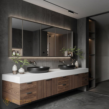 60''-96'' Double Bathroom Vanity with Sink Modern Dark Walnut Slatted Panel Floating