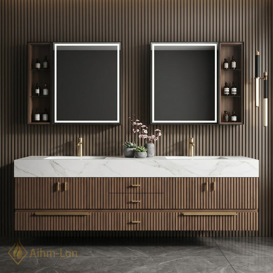 72''-96'' Double Bathroom Vanity with Sink White Modern Floating Basin Slatted Marble