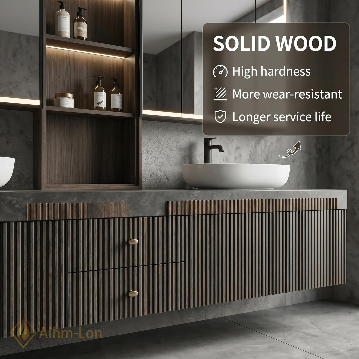 60''-96'' Modern Bathroom Vanity with Sink Floating Grey Slatted Stone Composite Drawers
