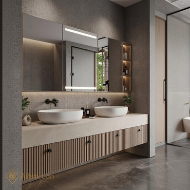 72''-96'' Double Bathroom Vanity with Sink Floating Vanity Stone Top Slatted Front