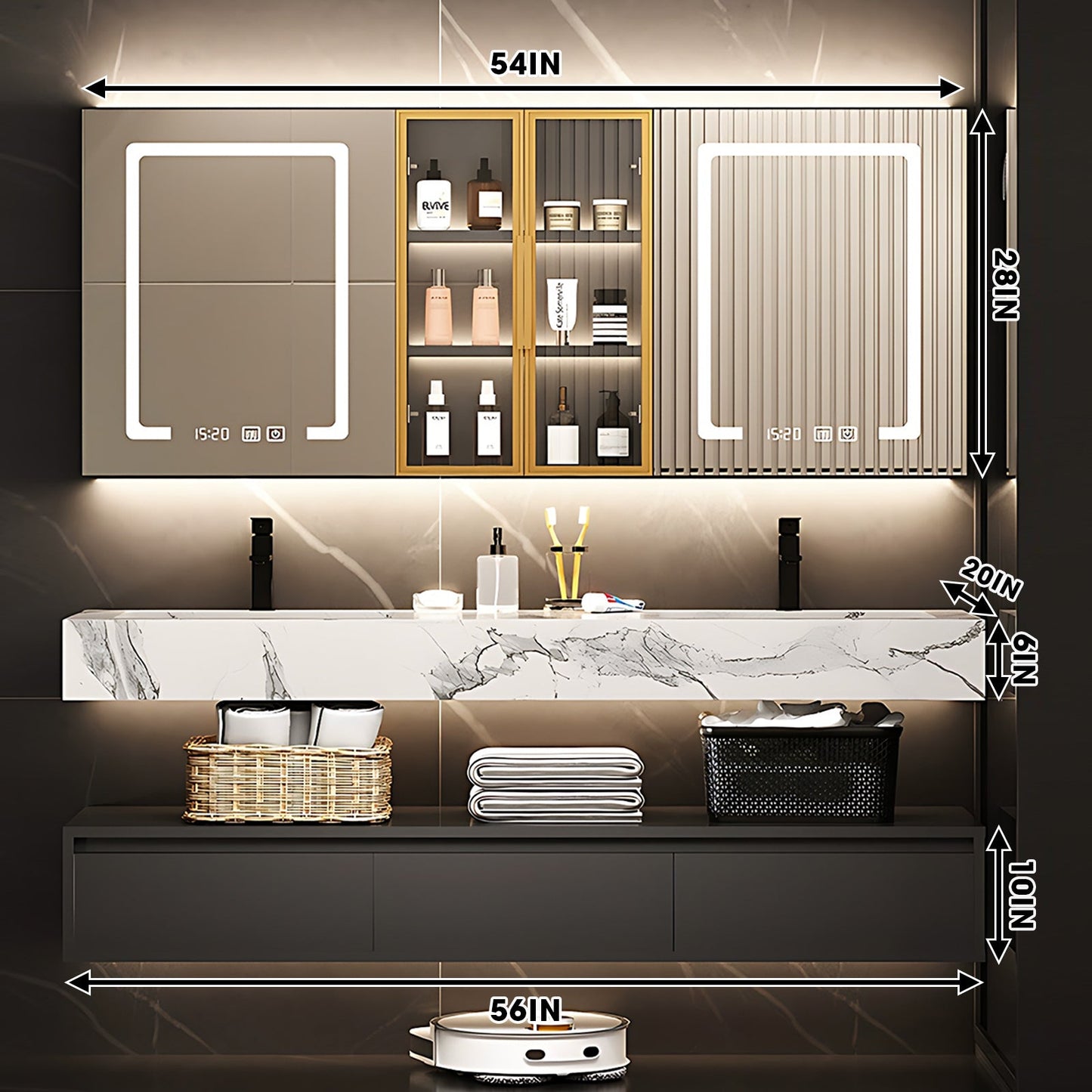 56"-96"Double Basin Floating Bathroom Vanity High end Luxury Countertop