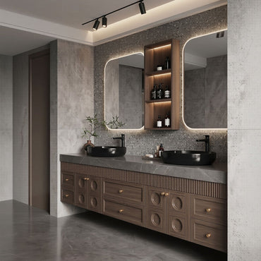 70''-96'' Modern Bathroom Vanity with Sink Ridge-Panel Dark Wood Grain Spacious Cabinet