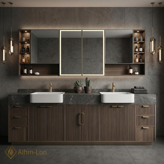 60''-96'' Double Bathroom Vanity with Sink Dark Gray Stone Fluted Front Panels