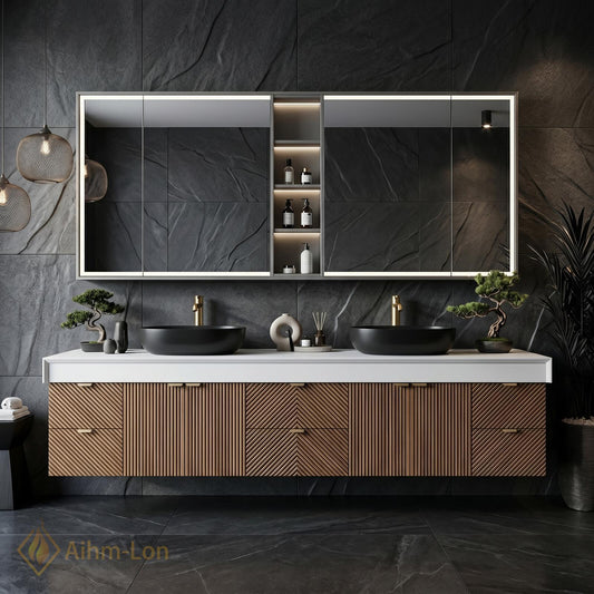 78''-96'' Modern Bathroom Vanity with Sink Floating Dark Wood Slatted Mirror Cabinet