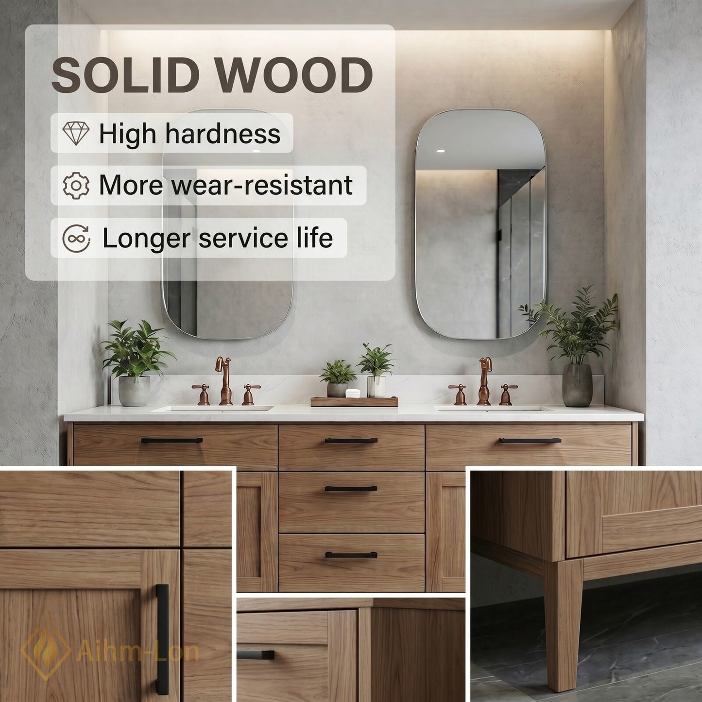 70''-96'' Modern Bathroom Vanity with Sink Floating Wood-Grain White Marble Black Handles