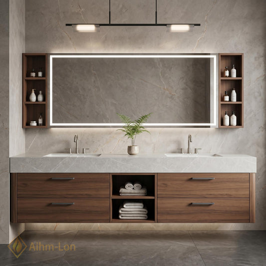 60''-96'' Double Bathroom Vanity with Sink Modern Grey Stone Top Walnut Drawers