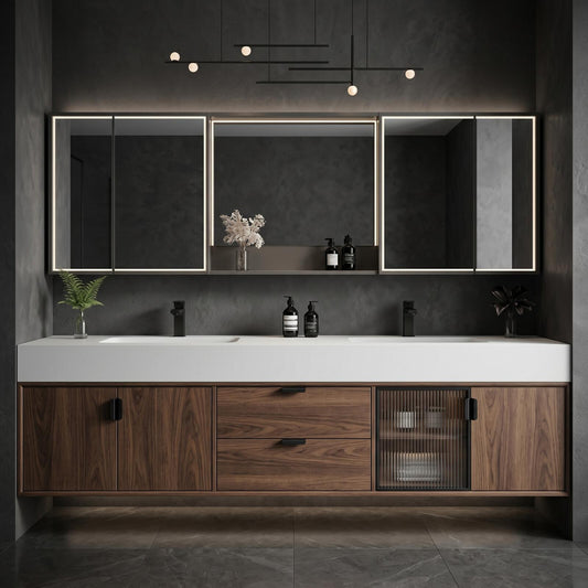 60''-96'' Double Bathroom Vanity with Sink Modern Floating Dark Walnut Glass Door Cabinet