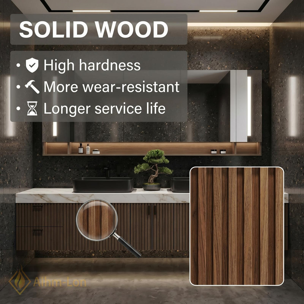 60''-96'' Double Bathroom Vanity with Sink Modern Floating Dark Walnut Slatted Doors