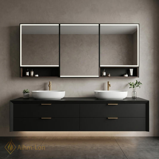 60''-96'' Double Bathroom Vanity with Sink Modern Floating Matte Black Drawer System