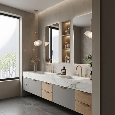 72''-96'' Double Bathroom Vanity with Sink Floating Marble Patterned Drawer Storage Cabinet