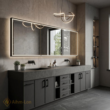 60''-96'' Double Bathroom Vanity with Sink Industrial Gray Matte Finish Open Shelving