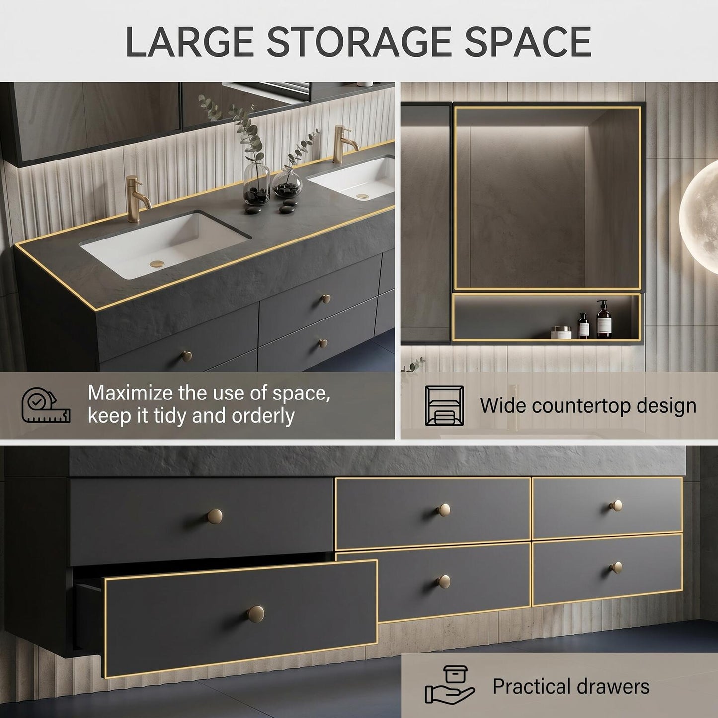 60''-96'' Modern Bathroom Vanity with Sink Double Sink Dark Slate Geometric Drawers Cabinet