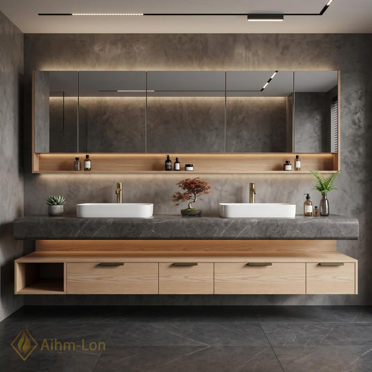 70''-96'' Double Bathroom Vanity with Sink Modern Floating Open Shelving Light Oak