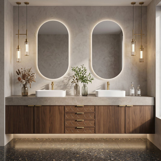 70''-96'' Modern Bathroom Vanity with Sink Floating Dark Wood Grain Fish Scale Drawers