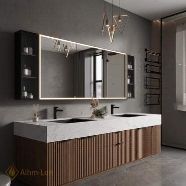 72''-96'' Double Bathroom Vanity with Sink White Modern Marble-Top Mirror Vertical
