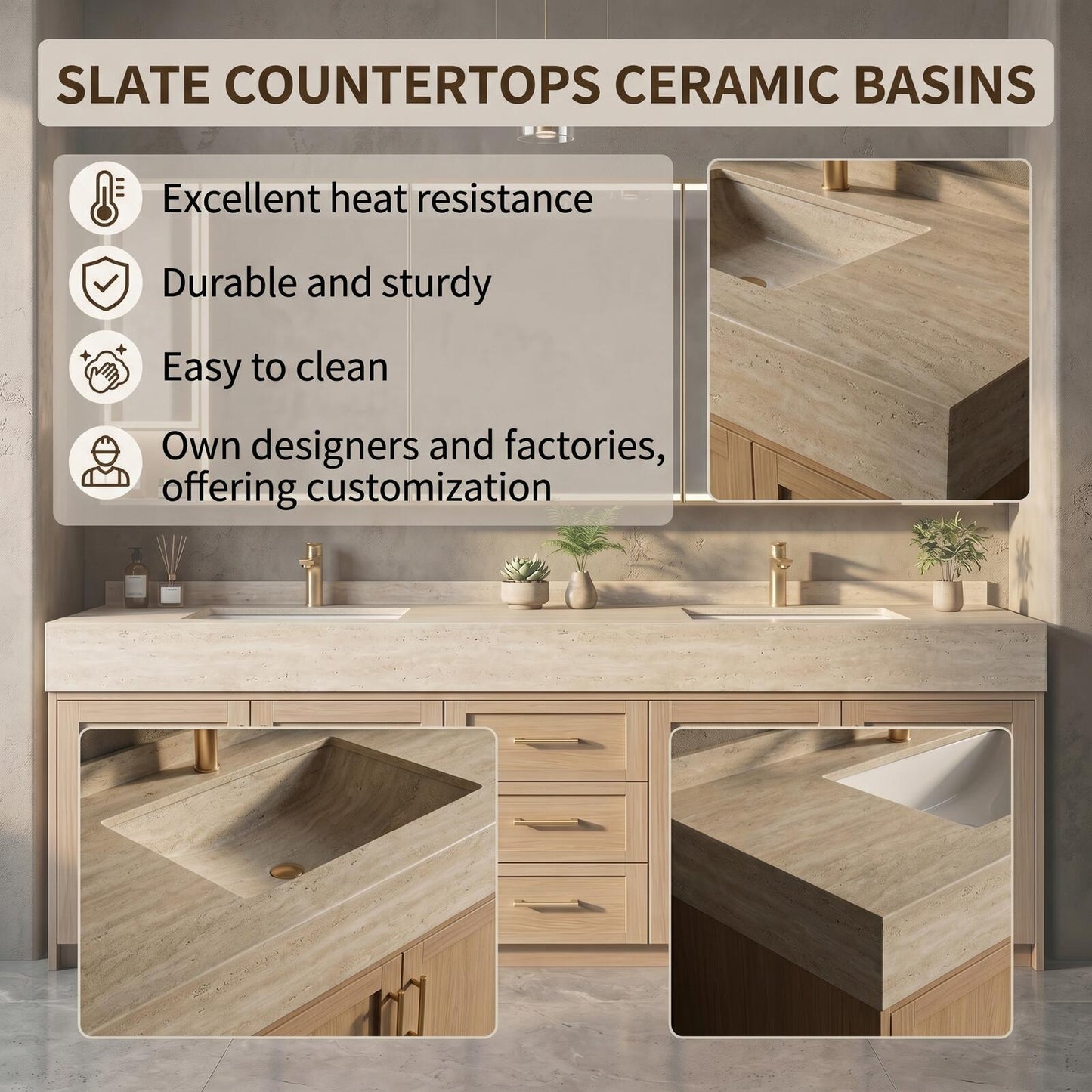 70''-96'' Double Bathroom Vanity with Sink Stone Top Solid Wood Shaker Drawer Cabinet