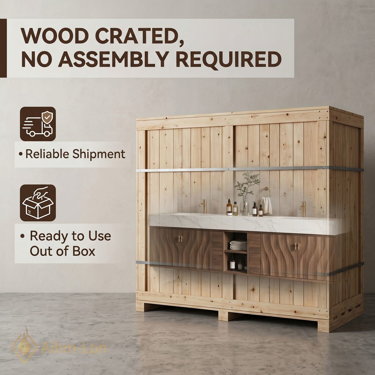 76''-96'' Double Bathroom Vanity with Sink Floating Open-Shelving Wavy Wood Thick Marble