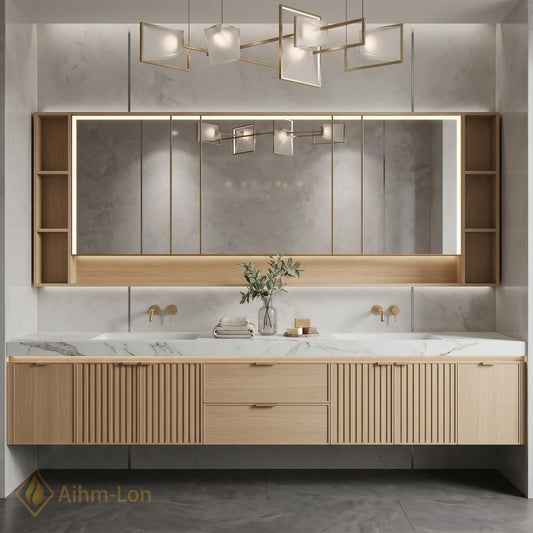 78''-96'' Double Bathroom Vanity with Sink Floating Double Oak Finish Slatted Front