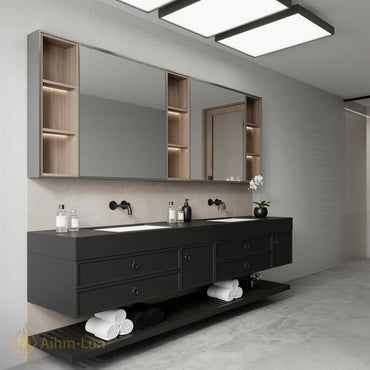 60''-96'' Double Bathroom Vanity with Sink Floating Dark Matte Finish Open Shelving