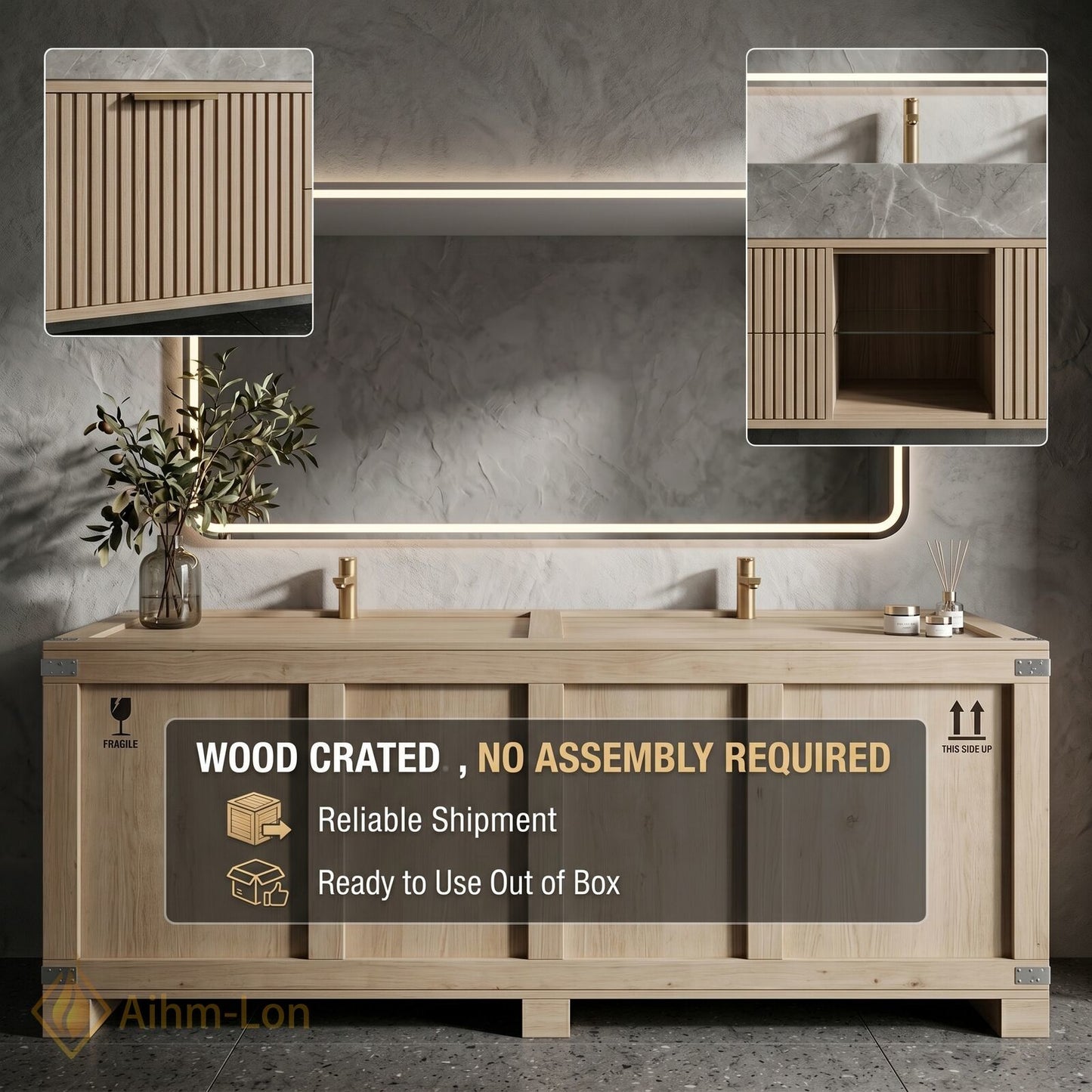 76''-96'' Double Bathroom Vanity with Sink Ridged Panel Front Grey Marble Top