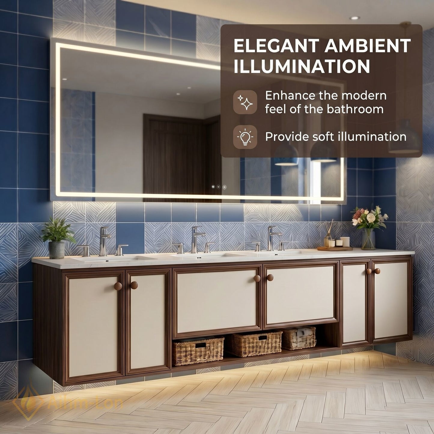78''-96'' Floating Bathroom Vanity with Sink Wood Frame Panels Illuminated Mirror Cabinet