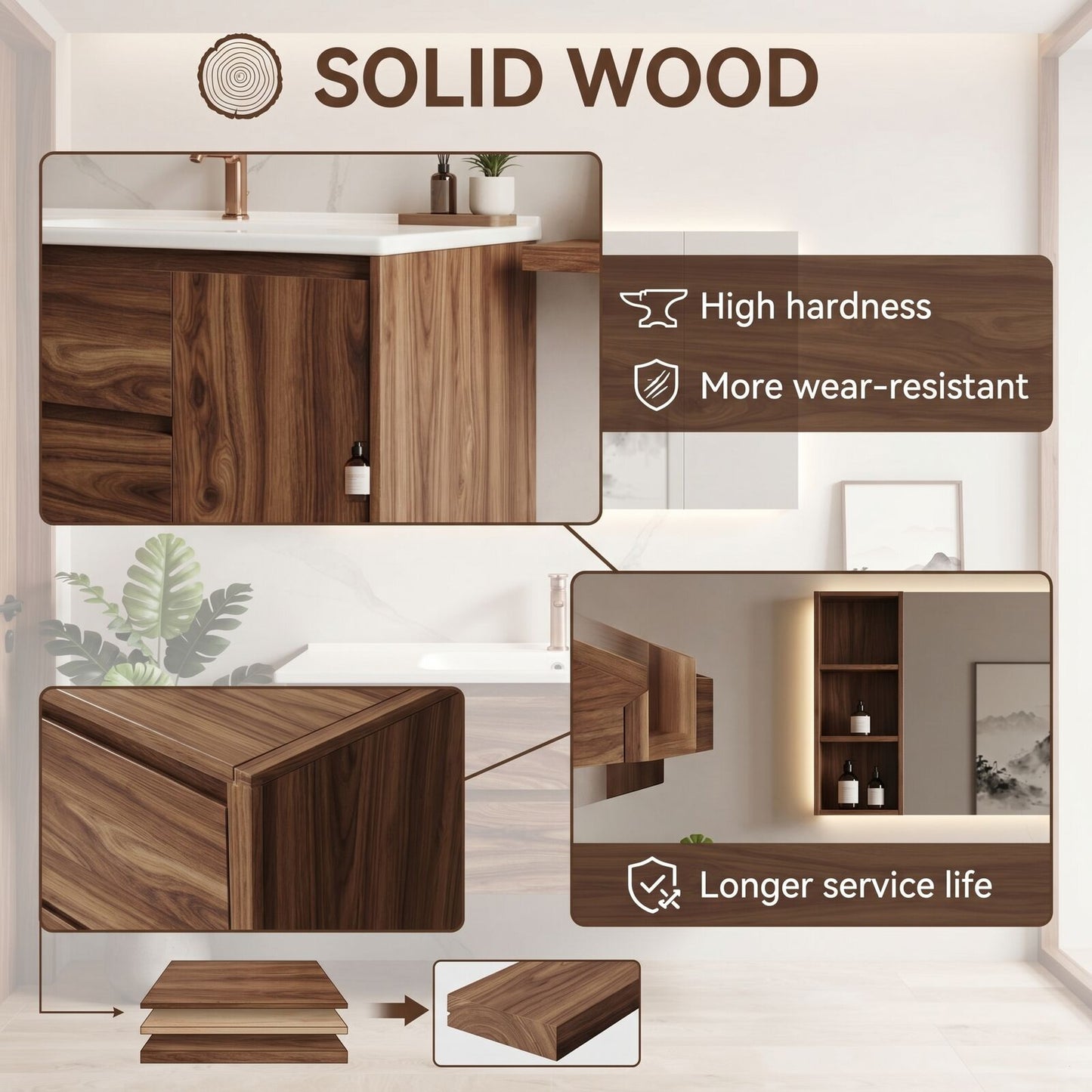 36''-64'' Modern Bathroom Vanity with Sink Large Wood Grain Floating Dual Drawers Cabinet