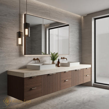 60''-96'' Modern Floating Bathroom Vanity with Sink Slatted Wood Large Mirror Cabinet