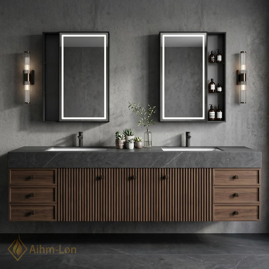 60''-96'' Double Bathroom Vanity with Sink Oak Finish Stone Countertop Storage