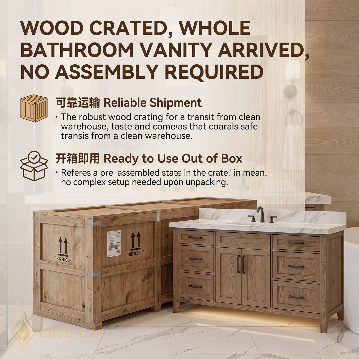 48''-64'' Modern Bathroom Vanity with Sink Marble Wood Grain Black Hardware Drawers