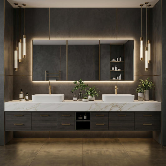 70''-96'' Modern Bathroom Vanity with Sink Double Sink Dark Walnut Slatted Center Panel Cabinet