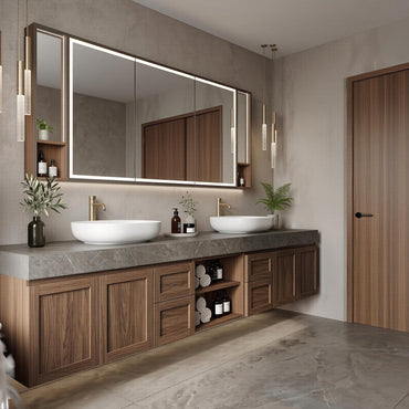 60''-96'' Floating Bathroom Vanity with Sink Double Sink Stone Top Dark Wood Open Shelving
