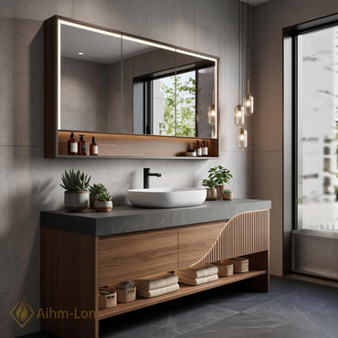 36''-110'' Floating Bathroom Vanity with Sink Wavy Wood Front Stone Top