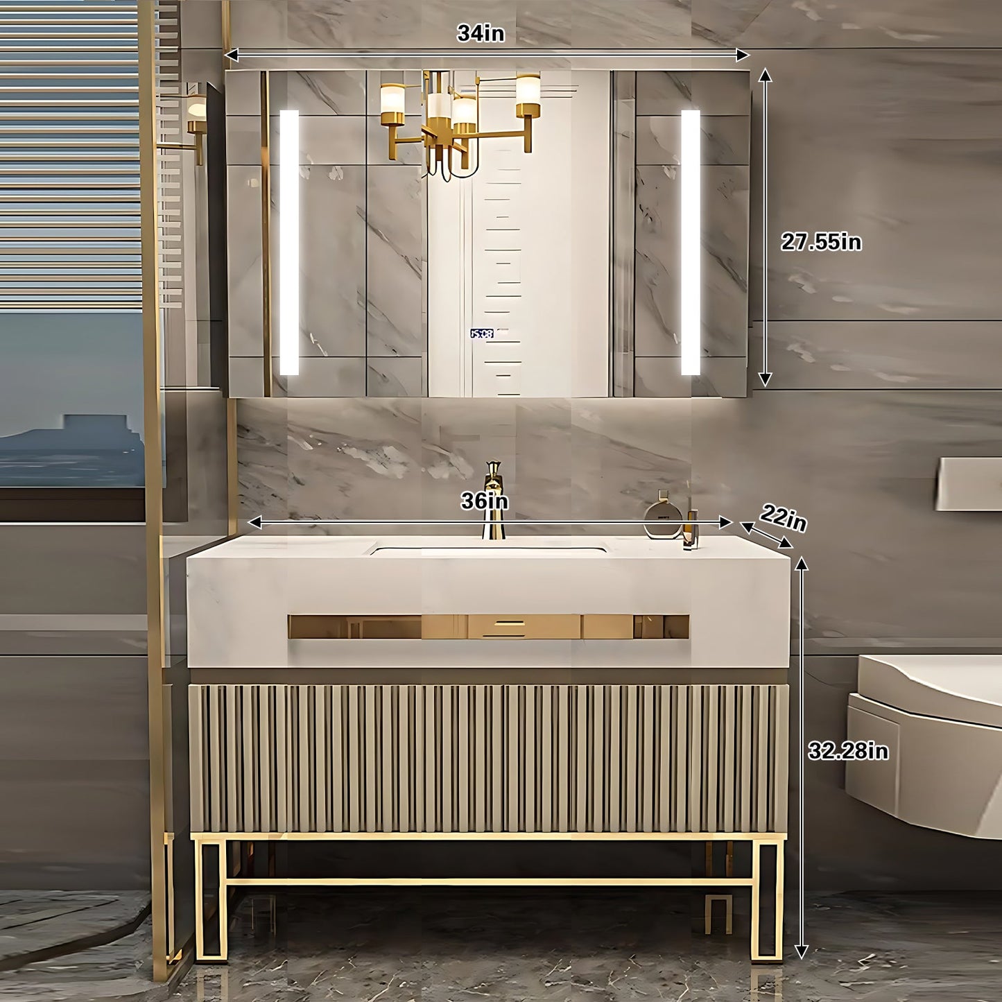 36"- 68" Freestanding Gold Bathroom Vanity Set with Smart Light Cabinet